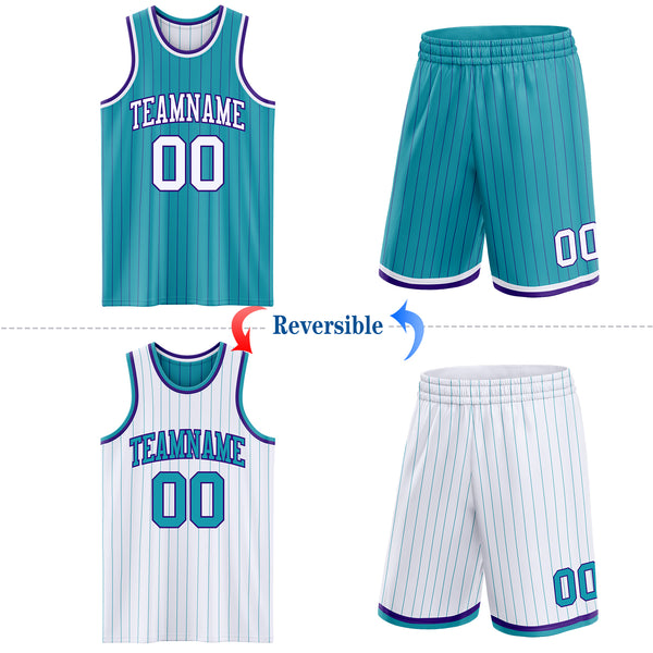 Custom Teal Purple Pinstripe-White Reversible Double Side Sublimation Basketball Set Jersey