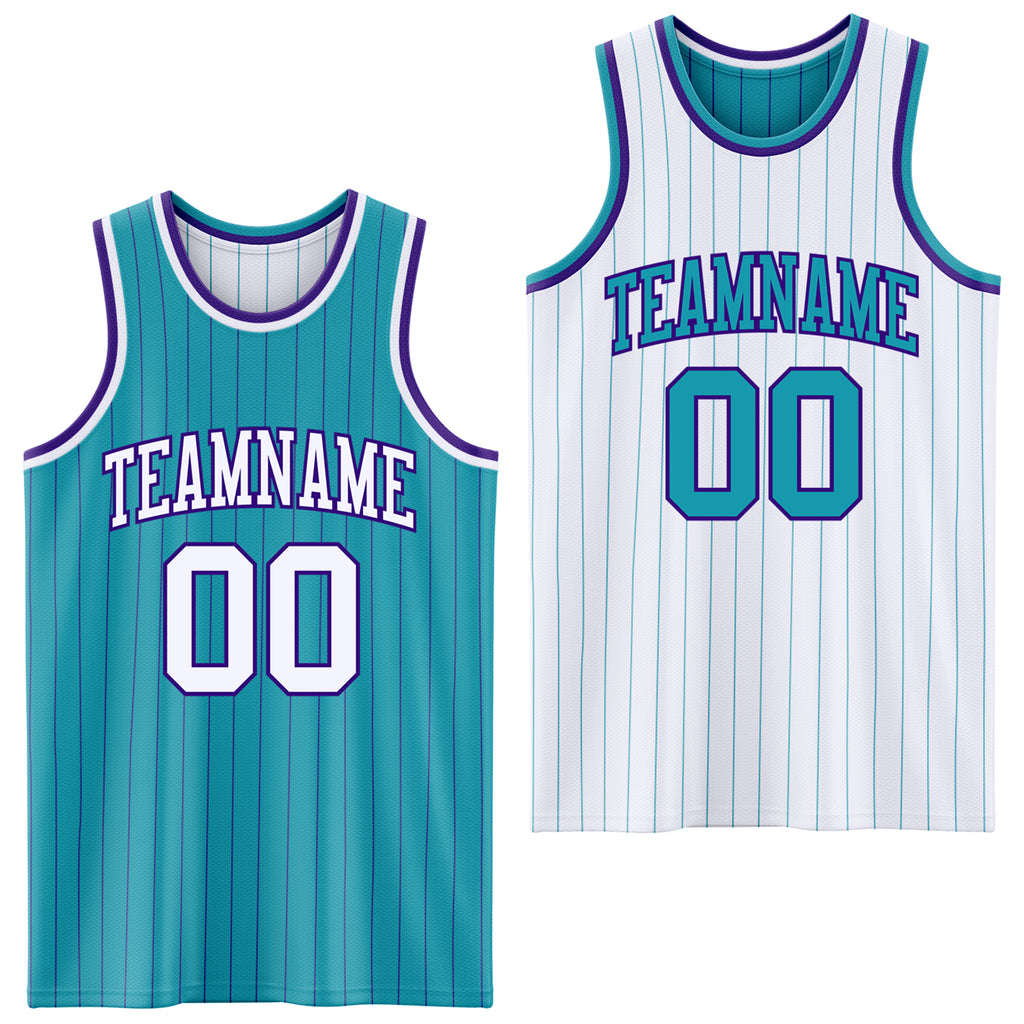 Custom Teal Purple Pinstripe-White Reversible Double Side Sublimation Basketball Set Jersey