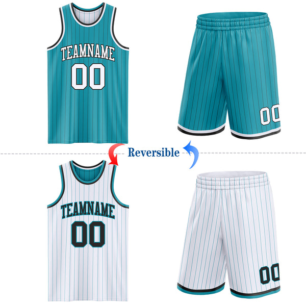 Custom Teal Black Pinstripe-White Reversible Double Side Sublimation Basketball Set Jersey