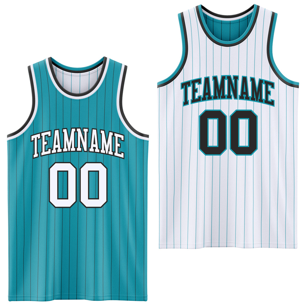 Custom Teal Black Pinstripe-White Reversible Double Side Sublimation Basketball Set Jersey
