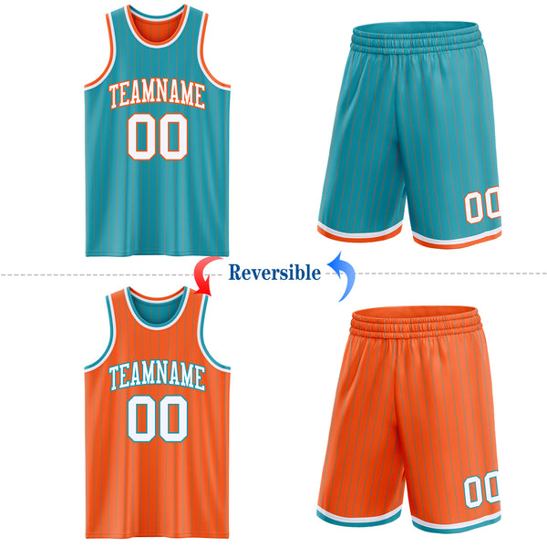 Custom Teal Orange Pinstripe-White Reversible Double Side Sublimation Basketball Set Jersey