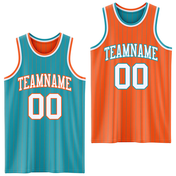 Custom Teal Orange Pinstripe-White Reversible Double Side Sublimation Basketball Set Jersey