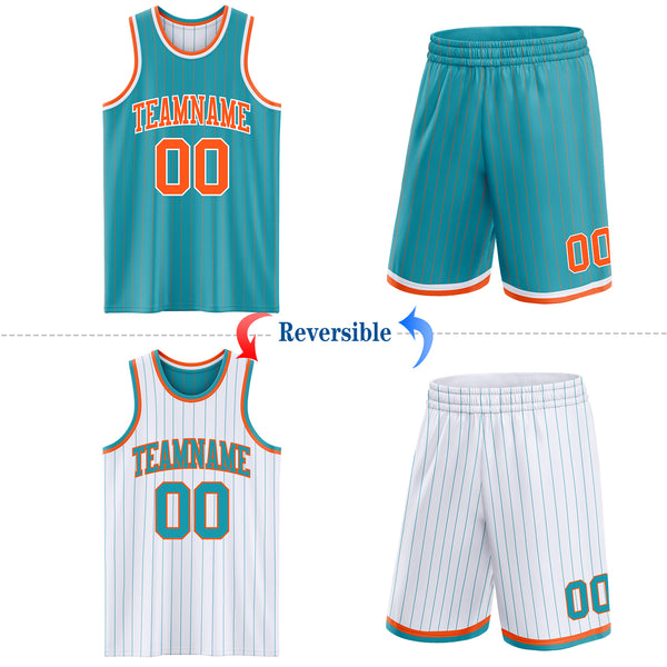 Custom Teal Orange Pinstripe-White Reversible Double Side Sublimation Basketball Set Jersey