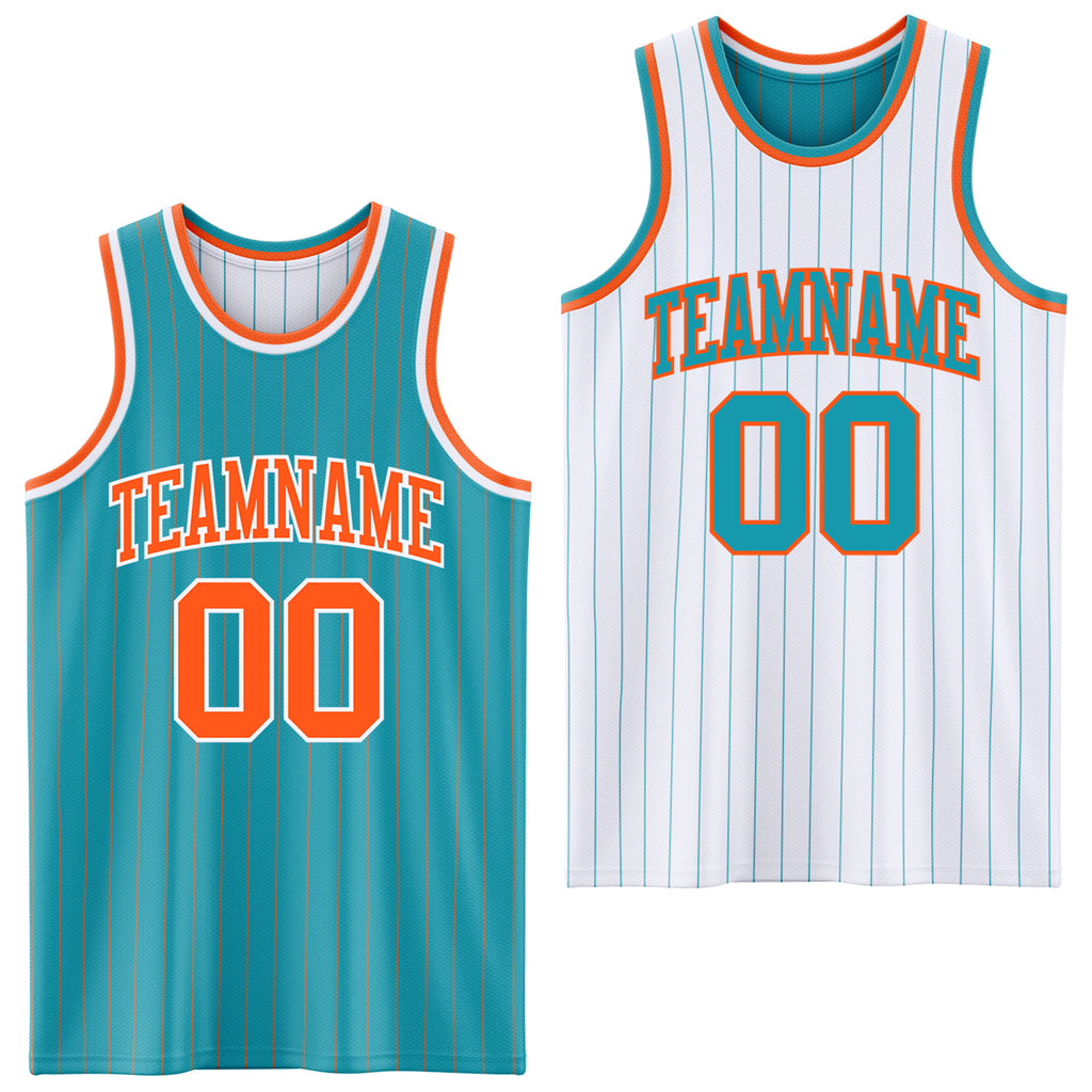 Custom Teal Orange Pinstripe-White Reversible Double Side Sublimation Basketball Set Jersey