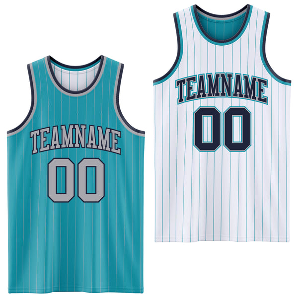 Custom Teal Gray Pinstripe-Navy Reversible Double Side Sublimation Basketball Set Jersey