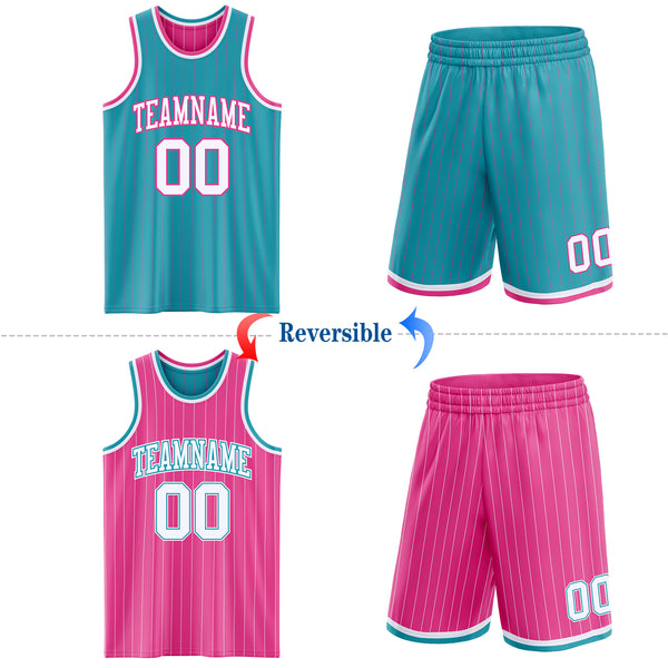Custom Teal Pink Pinstripe-White Reversible Double Side Sublimation Basketball Set Jersey