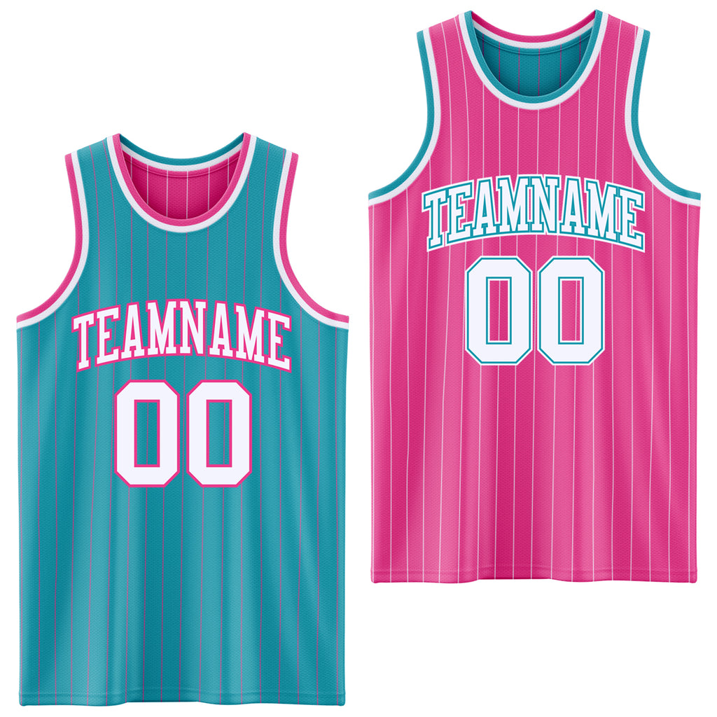 Custom Teal Pink Pinstripe-White Reversible Double Side Sublimation Basketball Set Jersey