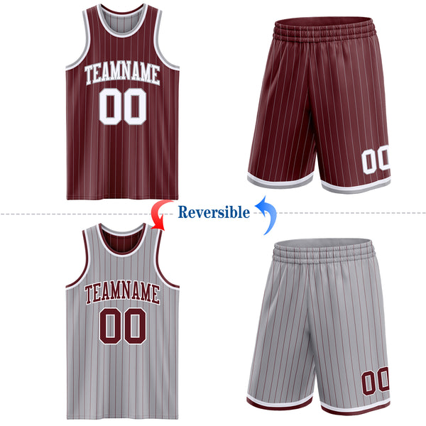 Custom Burgundy Gray Pinstripe-White Reversible Double Side Sublimation Basketball Set Jersey