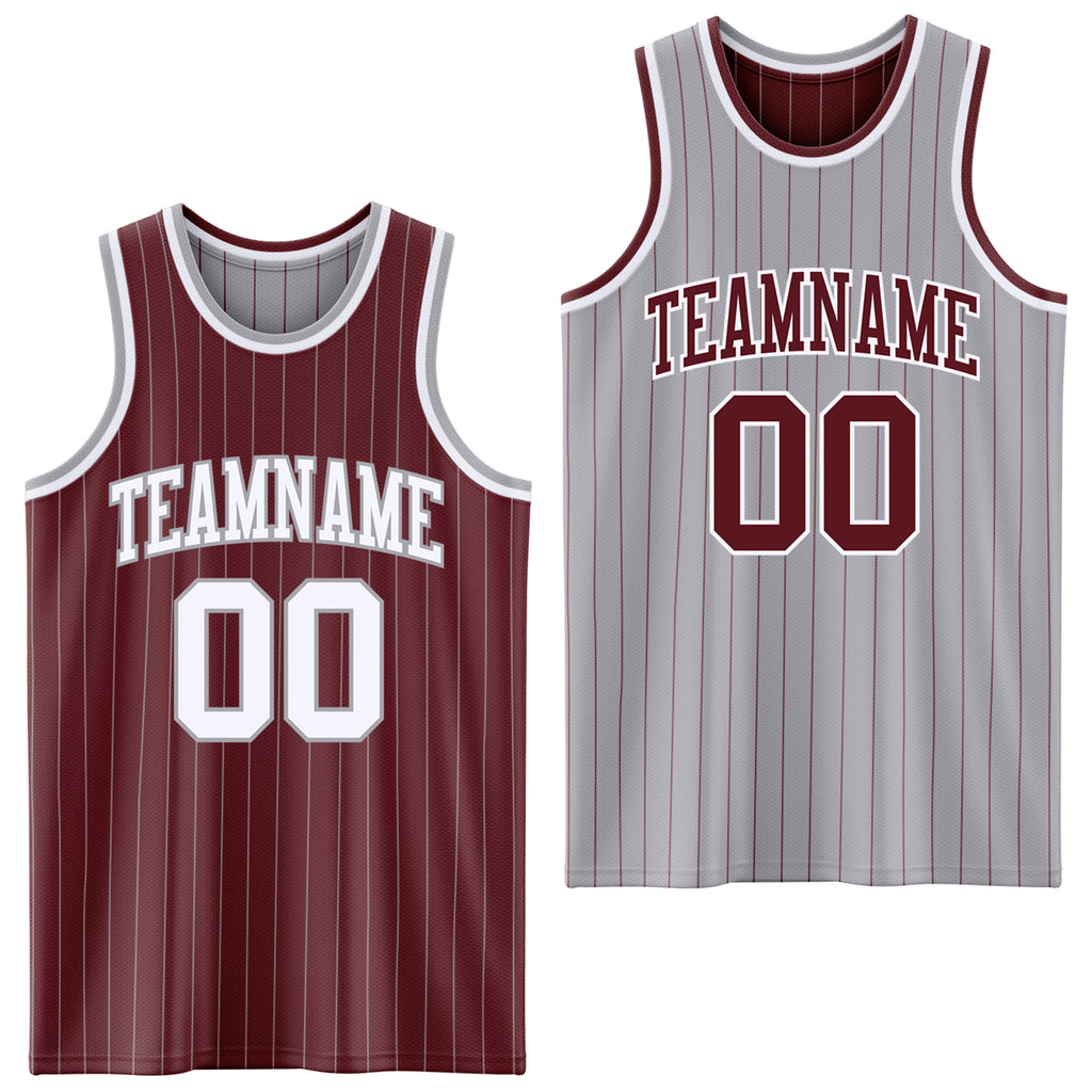 Custom Burgundy Gray Pinstripe-White Reversible Double Side Sublimation Basketball Set Jersey