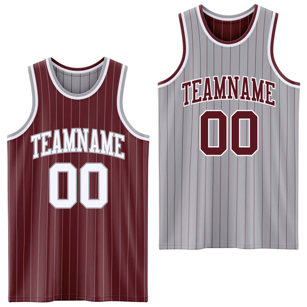 Custom Burgundy Gray Pinstripe-White Reversible Double Side Sublimation Basketball Set Jersey