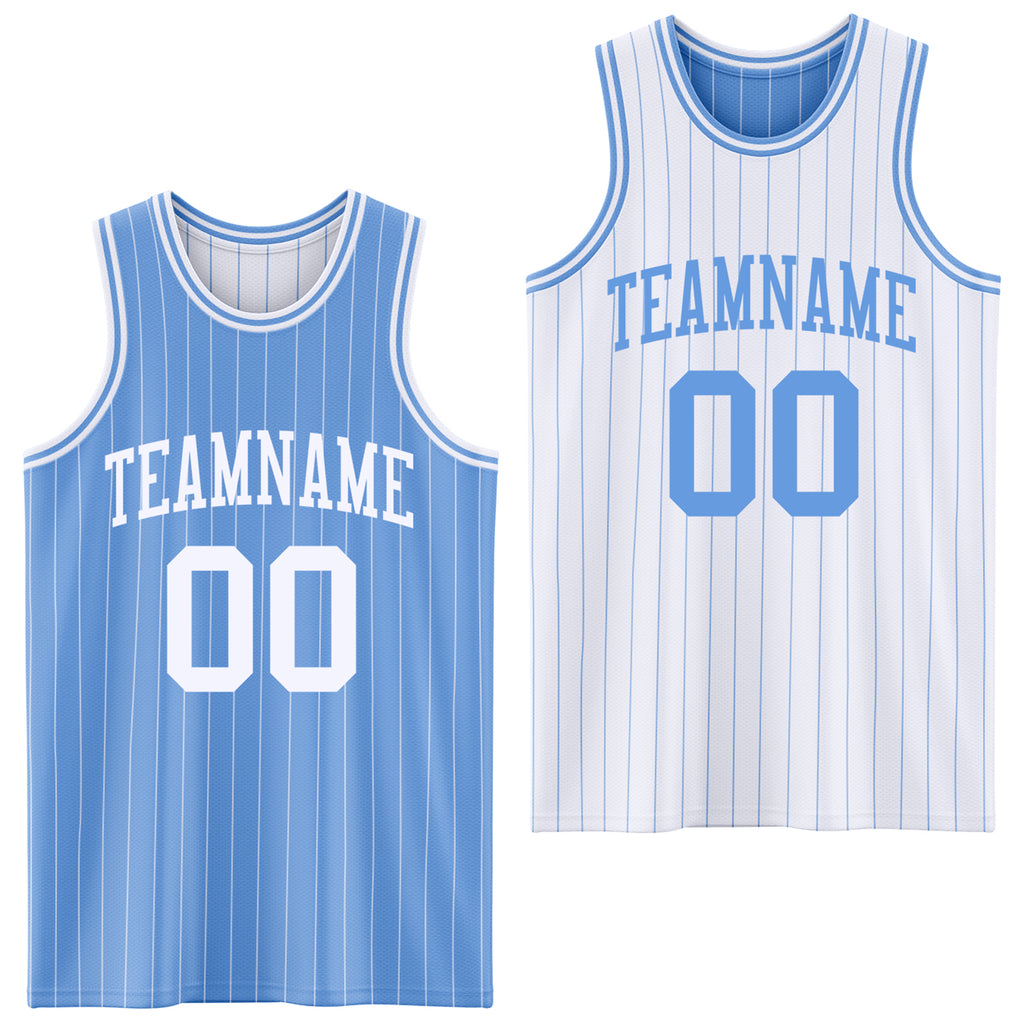 Custom Light Blue White Pinstripe Reversible Double Side Sublimation Basketball Set Jersey