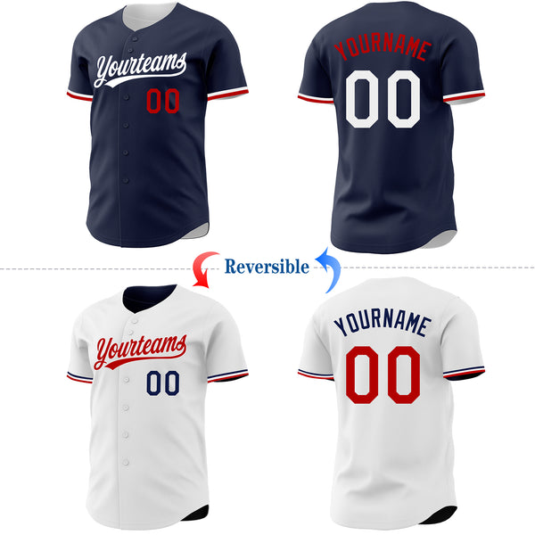 Custom Navy White-Red Reversible Button-Down Baseball Jersey