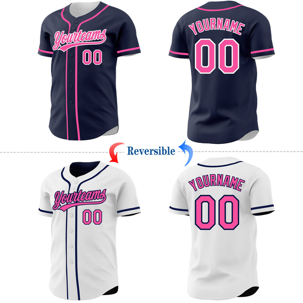 Custom Navy Pink-White Reversible Button-Down Baseball Jersey