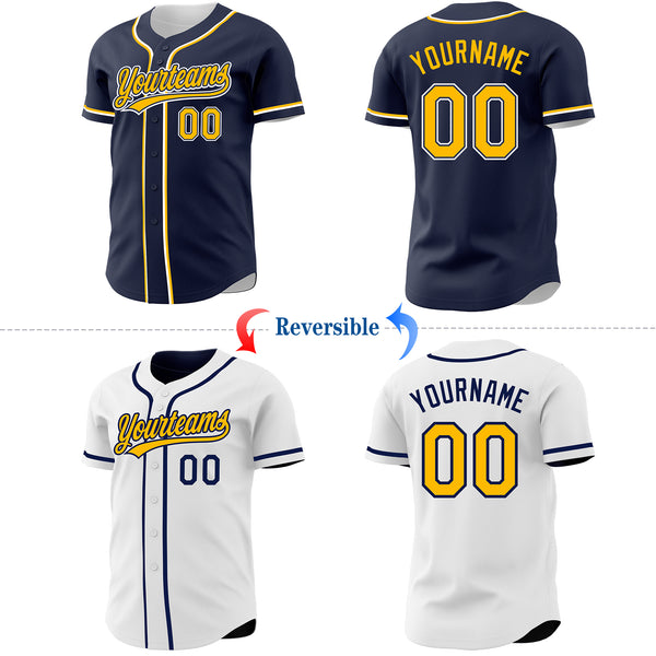 Custom Navy Gold-White Reversible Button-Down Baseball Jersey