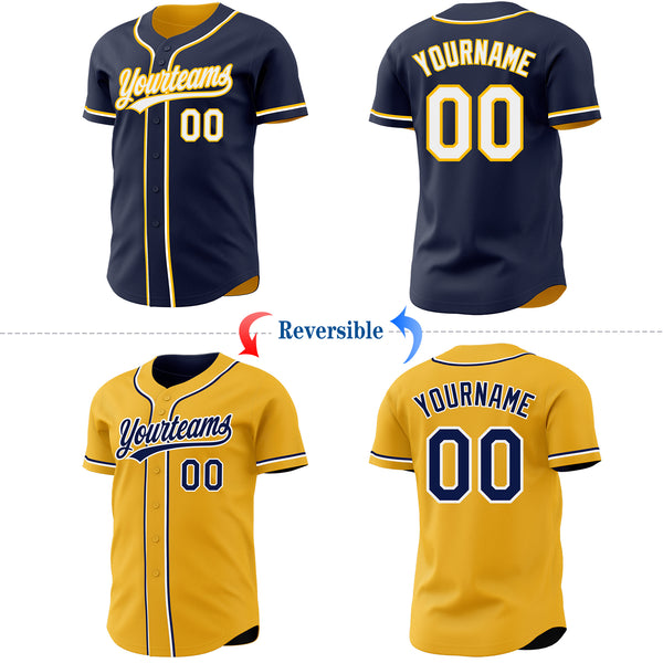 Custom Navy White-Gold Reversible Button-Down Baseball Jersey