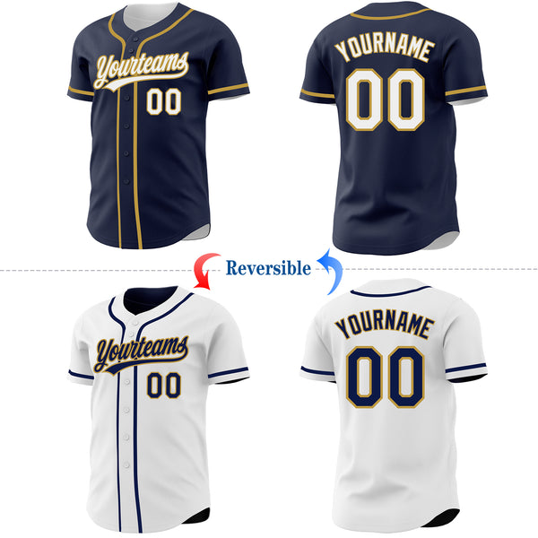 Custom Navy White-Old Gold Reversible Button-Down Baseball Jersey