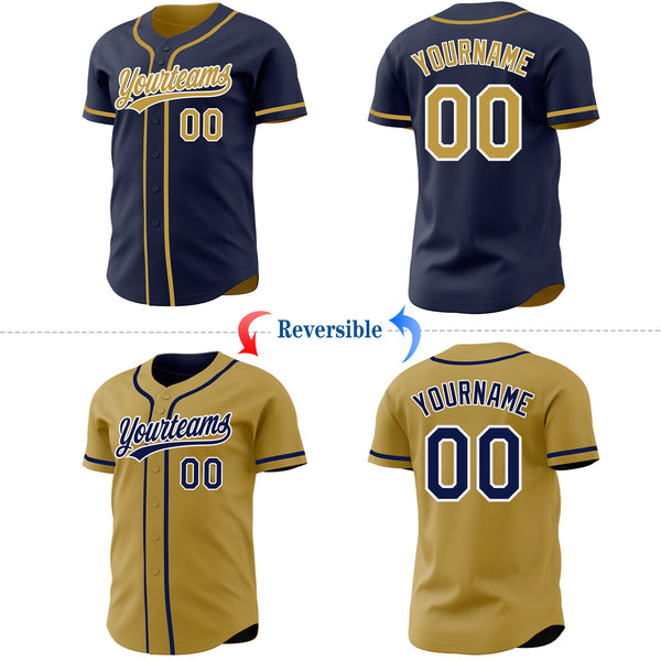 Custom Navy Old Gold-White Reversible Button-Down Baseball Jersey