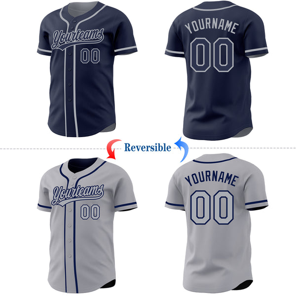 Custom Navy-Gray Reversible Button-Down Baseball Jersey