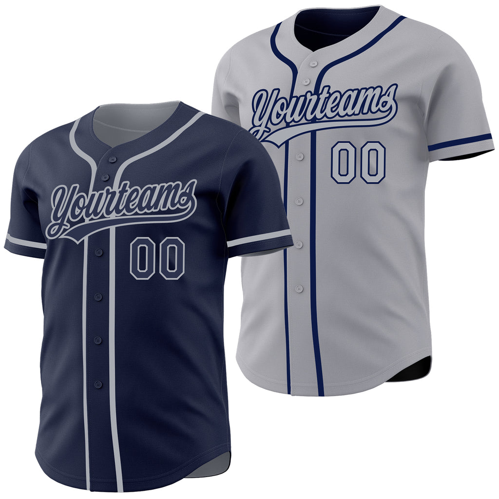 Custom Navy-Gray Reversible Button-Down Baseball Jersey