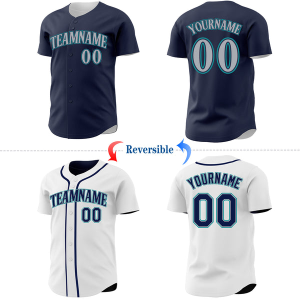Custom Navy Gray-Teal Reversible Button-Down Baseball Jersey