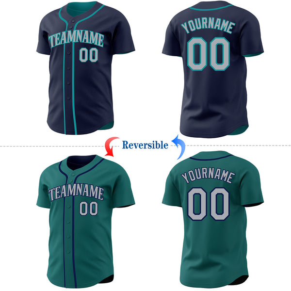 Custom Navy Gray-Teal Reversible Button-Down Baseball Jersey