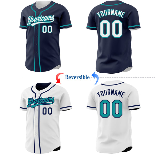 Custom Navy White-Teal Reversible Button-Down Baseball Jersey