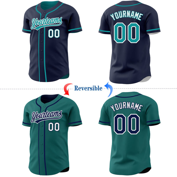 Custom Navy Teal-White Reversible Button-Down Baseball Jersey