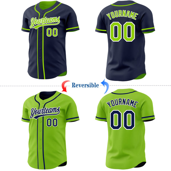 Custom Navy Neon Green-White Reversible Button-Down Baseball Jersey