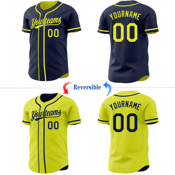 Custom Navy-Neon Yellow Reversible Button-Down Baseball Jersey