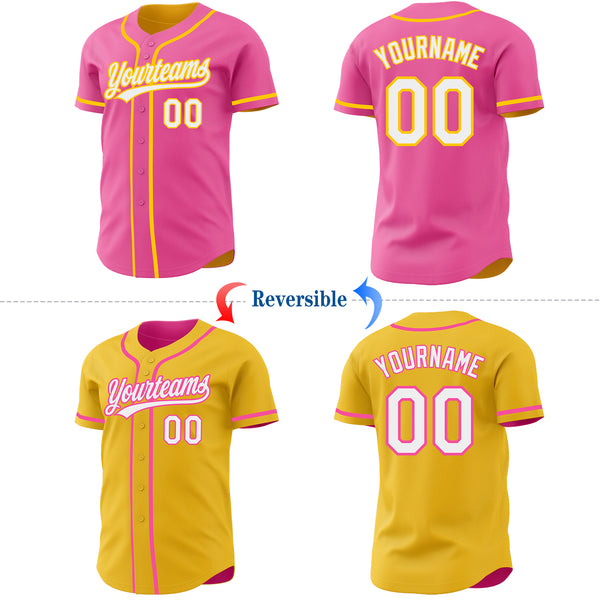 Custom Pink White-Yellow Reversible Button-Down Baseball Jersey