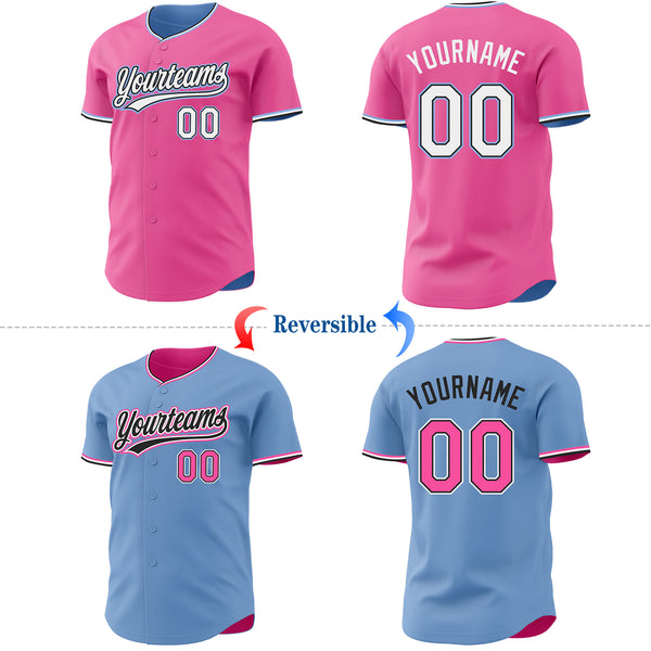 Custom Pink White Black-Light Blue Reversible Button-Down Baseball Jersey