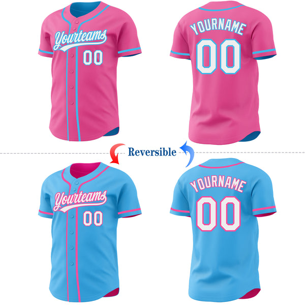 Custom Pink White-Sky Blue Reversible Button-Down Baseball Jersey
