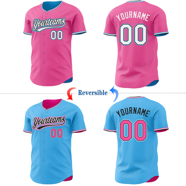 Custom Pink White Black-Sky Blue Reversible Button-Down Baseball Jersey