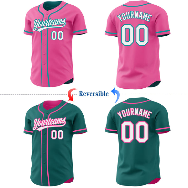 Custom Pink White-Teal Reversible Button-Down Baseball Jersey
