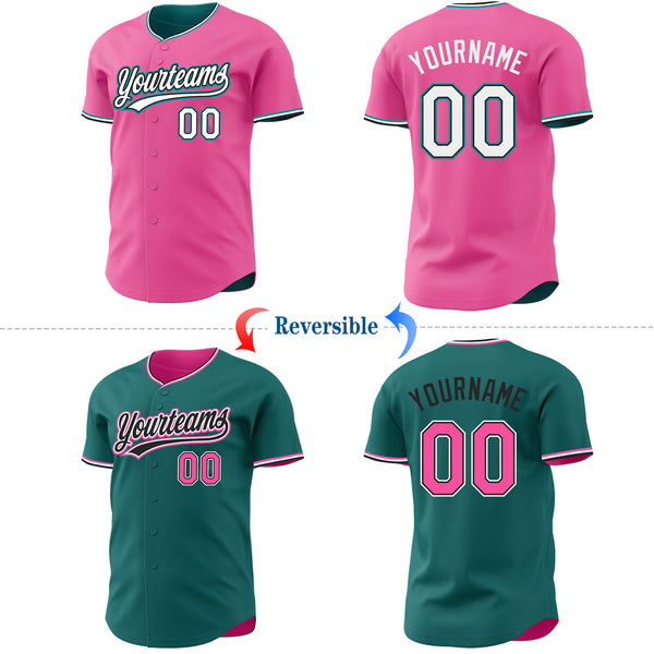 Custom Pink White Black-Teal Reversible Button-Down Baseball Jersey