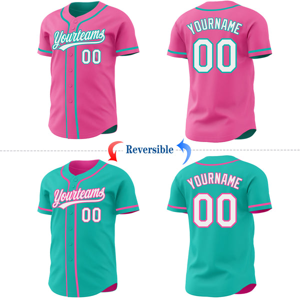 Custom Pink White-Aqua Reversible Button-Down Baseball Jersey