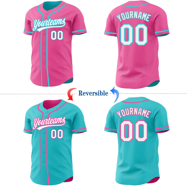 Custom Pink White-Teal Reversible Button-Down Baseball Jersey