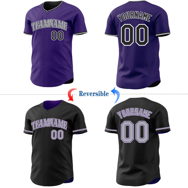 Custom Purple Black White-Gray Reversible Button-Down Baseball Jersey