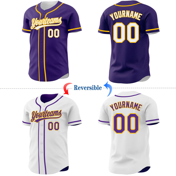 Custom Purple White-Gold Reversible Button-Down Baseball Jersey