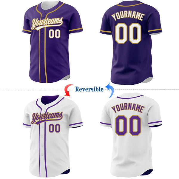 Custom Purple White-Old Gold Reversible Button-Down Baseball Jersey