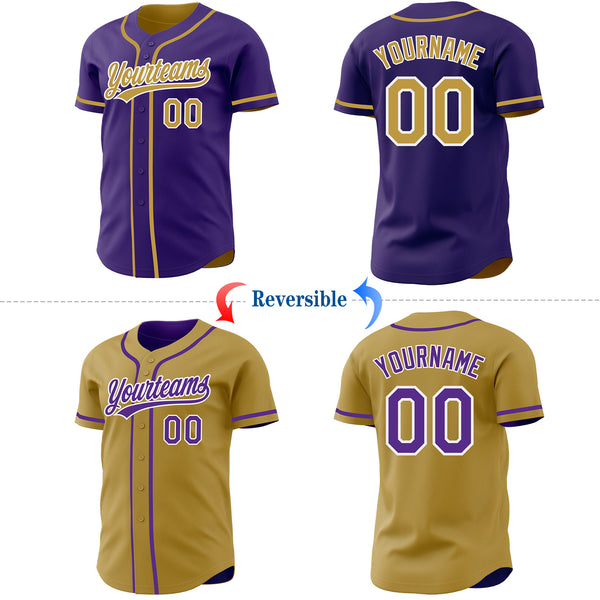 Custom Purple Old Gold-White Reversible Button-Down Baseball Jersey