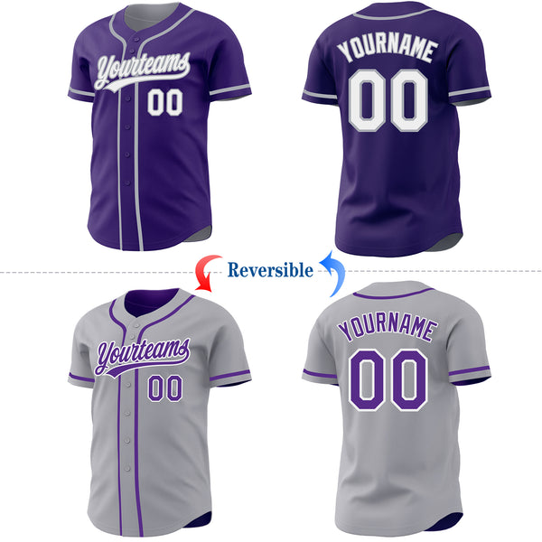 Custom Purple White-Gray Reversible Button-Down Baseball Jersey