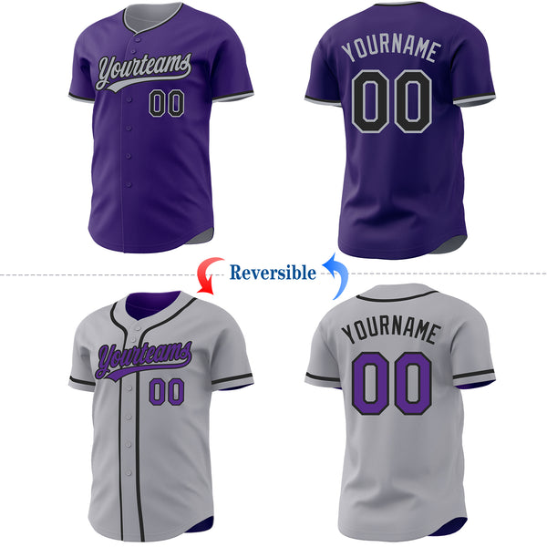 Custom Purple Black-Gray Reversible Button-Down Baseball Jersey