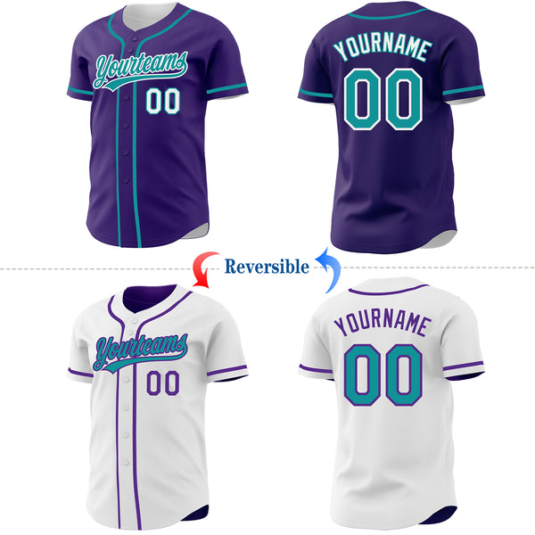 Custom Purple Teal-White Reversible Button-Down Baseball Jersey