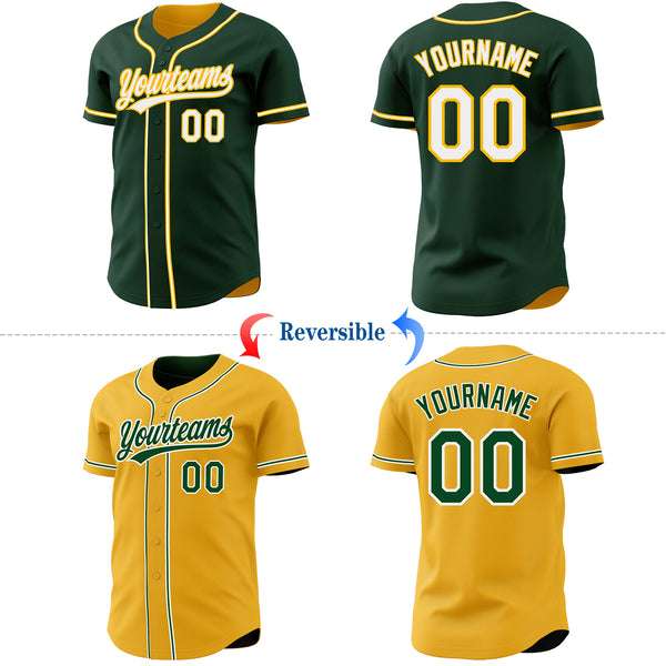 Custom Green White-Gold Reversible Button-Down Baseball Jersey