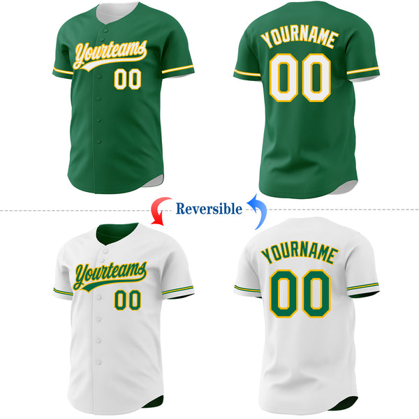 Custom Kelly Green White-Gold Reversible Button-Down Baseball Jersey