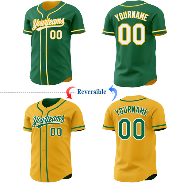 Custom Kelly Green White-Gold Reversible Button-Down Baseball Jersey
