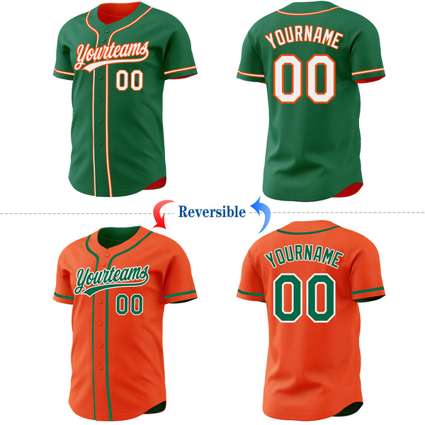 Custom Kelly Green White-Orange Reversible Button-Down Baseball Jersey