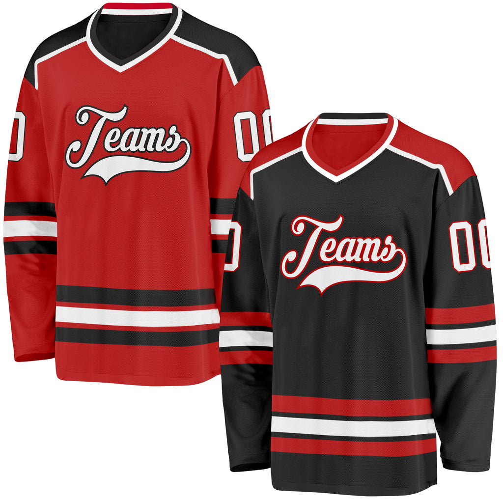 Custom Black White-Red Reversible Double Side Hockey Jersey