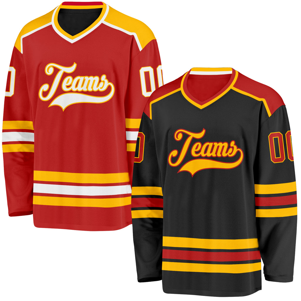Custom Black Red-Gold Reversible Double Side Hockey Jersey